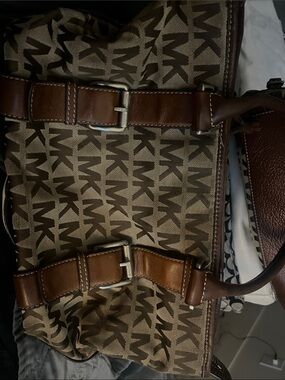 Michael Kors Brown MK Monogram Travel Tote with Leather Trim